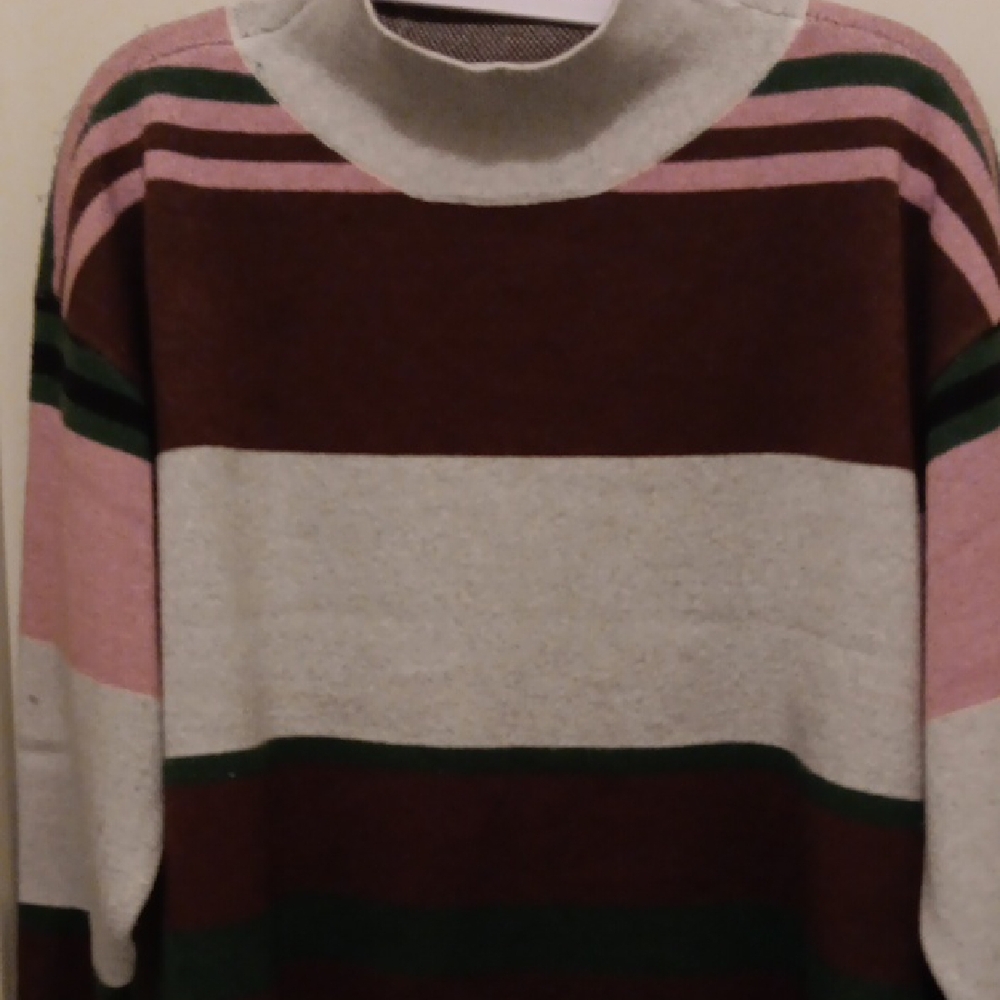 Maeve Pink, Brown, and Green Striped Mockneck Sweater